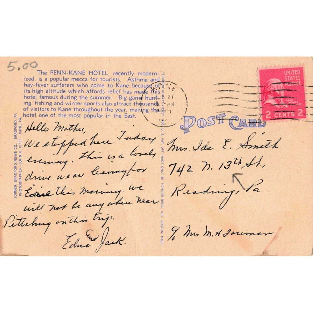 Penn-Kane Hotel Kane Pennsylvania PA Linen Postcard 1940s Cars Tichnor Views - Picture 2 of 2